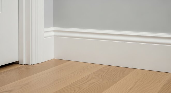 Corner of a room with hardwood floor, white baseboard, and door trim against a gray wall. Interior design for home renovation project.