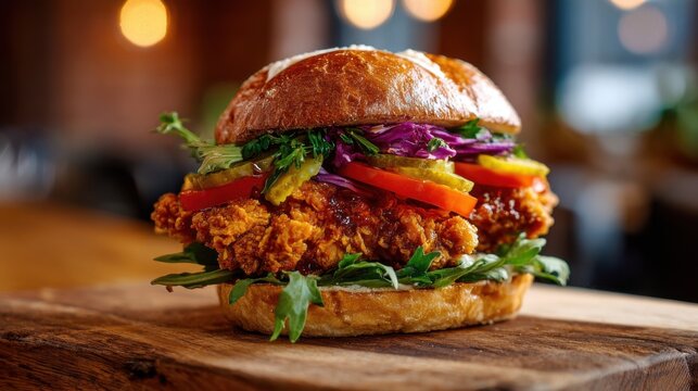 A freshly prepared fried chicken sandwich features a golden, crispy chicken filet on a pretzel bun.