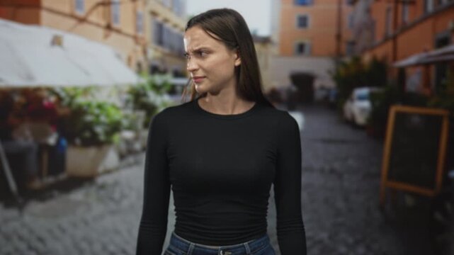 Young caucasian woman holds hand up palm out in front of face on cobblestone street by outdoor cafe, eyes closed and grimacing; defiance boundary.