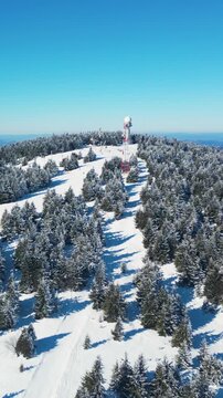 Aerial view of Ski areal near to Tatras mountains in Slovakia, Europe, winter landscape with trees, transmitter tower and ski lift, HD vertical, ProRes