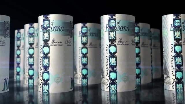 Botswana pula Botswanan money rolls loop 3d. Camera moving in front of 100 BWP rolling banknotes. Seamless loopable concept of economy, finance, business and debt.