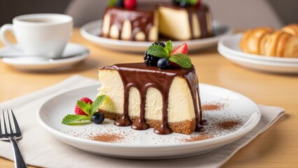 Delicious cheesecake with chocolate drizzle