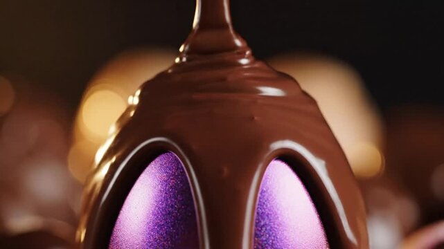 A video showcasing a purple Easter egg being decorated with melted chocolate in a creative process.