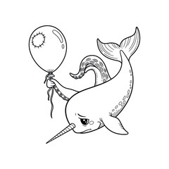 Whimsical narwhal illustration holding balloon in playful ocean scene © Muhammadsaefulkhasan