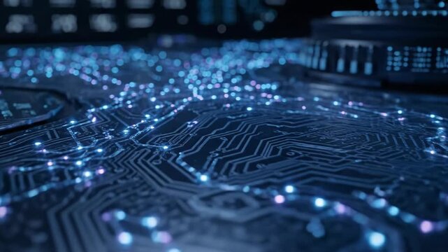 Close-up circuit board pattern texture showing technology, computer design, dark blue. Futuristic technology concept with copy space.