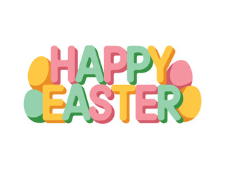 Colorful block letters cheerfully announce Happy Easter surrounded by decorative egg shapes on a white background.