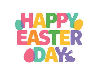 Happy Easter Day text uses overlapping translucent colors with decorative eggs and a small purple rabbit silhouette.