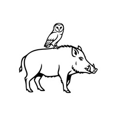 Obraz premium Wild Boar with Owl Perched on Back Minimal Line Art Illustration