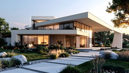 Fototapeta premium Modern architectural marvel - A luxurious home with expansive glass windows.