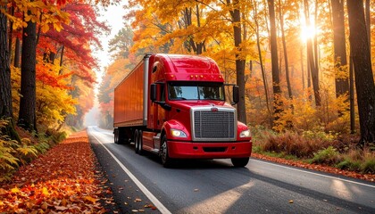 Obraz premium Red Semi-Truck on Autumn Road - A Scenic Transportation Image.