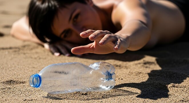 Woman reaching for empty plastic water bottle on sand. Dehydration and thirst concept in a desert environment. Global warming and climate change.