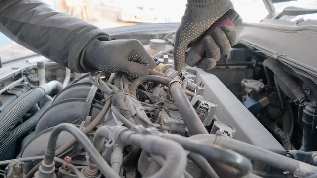 Close-up of a mechanic's gloved hands using a screwdriver to repair and maintain a dirty car engine, focusing on the gas fuel injectors and the fuel rail for professional service