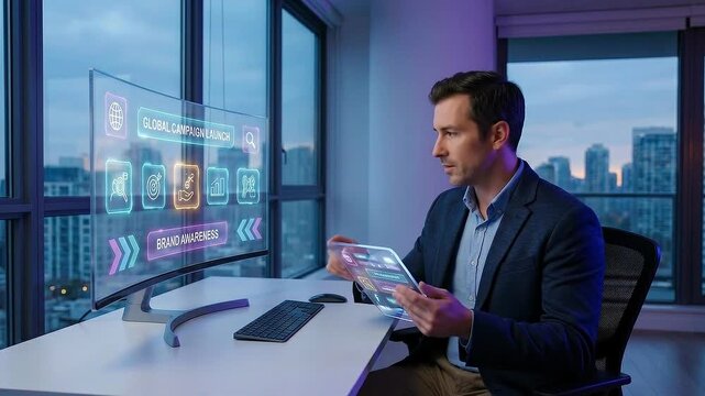 Digital marketing strategist in business office using dashboard analytics on tablet at dusk, reviewing campaign data on futuristic screen by city skyline, managing global launch and brand awareness