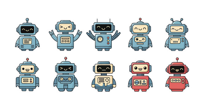 Cartoon robots collection isolated on white