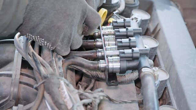 Professional auto mechanic wearing gloves installing or repairing a modern lpg or cng gas injection system in a vehicle's engine bay, checking the connection of the fuel rail