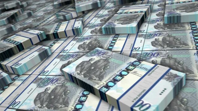 Botswana pula Botswanan money banknote bundle loop. 100 BWP money stacks. Concept of business, economy, banking and finance. Camera over cash packs loopable seamless 3d.