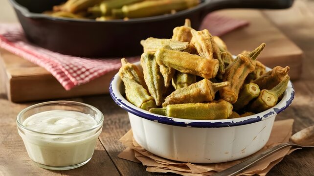 Southern fried okra in vintage bowl &ndash; Perfect for cookbook layouts.