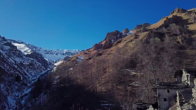 Narbona, Italy - Ruin of an old abandoned village in Piedmont, old town aerial panorama, travel, trekking, tourism, emotional, cinematic
