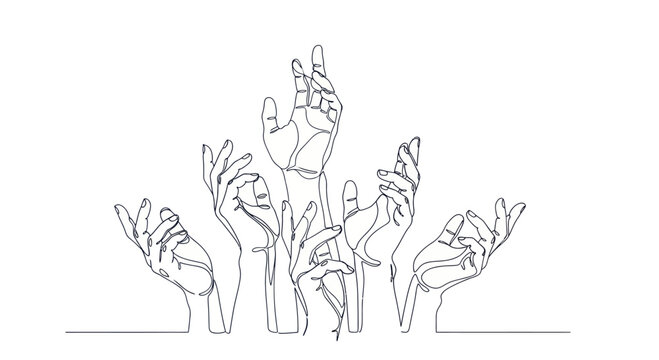Continuous line drawing of multiple hands reaching up in a gesture of hope.