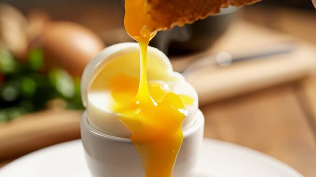 Close up of fresh crispy bread crouton dips in soft-boiled egg in egg cup. Chicken yolk flows down egg. Breakfast concept. Food background