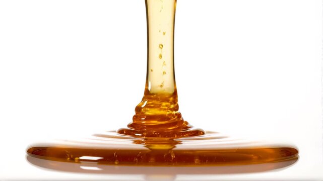 Honey dripping, pouring, flowing over white background. Close-up. Healthy organic liquid sweet sticky honey dipping, isolated on white, closeup. Slow motion 