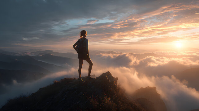 Female runner standing on mountain peak at sunrise, soft clouds, cinematic motivation scene, ultra realistic detail