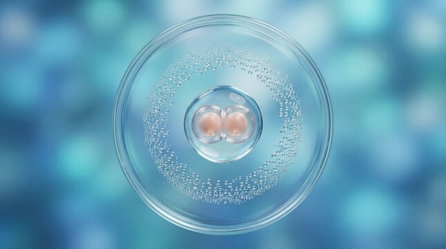 High-resolution medical illustration of a zygote cleavage stage for fertility, IVF research, biotechnology, and life sciences commercial marketing materials