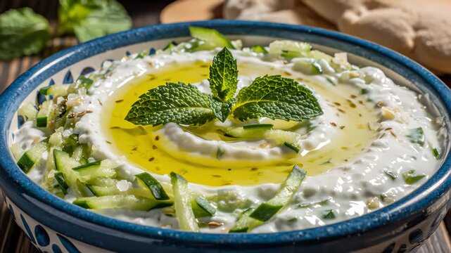 Greek Tzatziki sauce of salted strained yogurt or diluted yogurt mixed with cucumbers and mint, garlic, salt, olive oil on top.