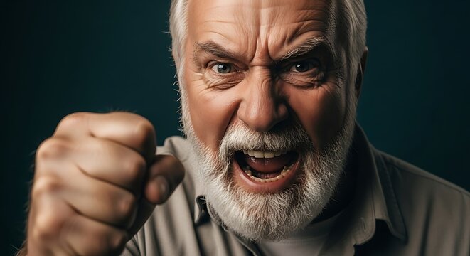 Close-up of angry senior man clenching fist, shouting, with a gray beard and background