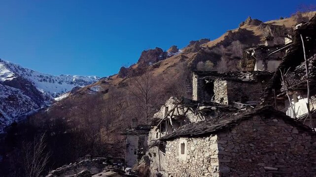 Narbona, Italy - Ruin of an old abandoned village in Piedmont, old town aerial panorama, travel, trekking, tourism, emotional, cinematic
