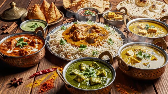 Assorted indian Sri Lankan food set on wooden background. Dishes and appetisers of indeed cuisine, rice, lentils, paneer, samosa, spices, masala. Bowls and plates with indian food top view chicken