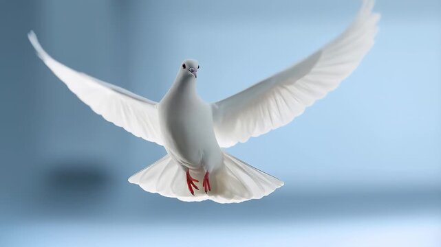 A white dove flies through a serene blue sky with its wings spread wide in a stunning video capture