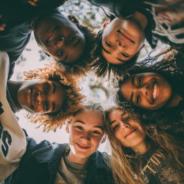 Diverse group of teenagers hugging, view from the center of the huddle (looking up), unity