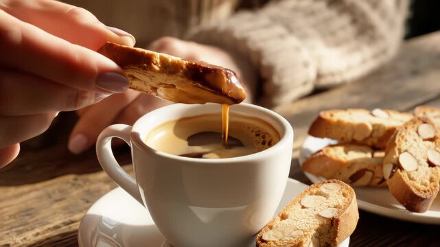 Dipping Cookies In Coffee Cup. Crispy Pastry. Crispy Biscuit cantuccini At Morning. Pouring Sweet Cookies In Coffee Mug. Cozy enjoying espresso coffee morning at home. dipping cookie into hot drinks.