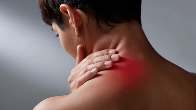 Person suffering from neck pain holding sore neck indoors

