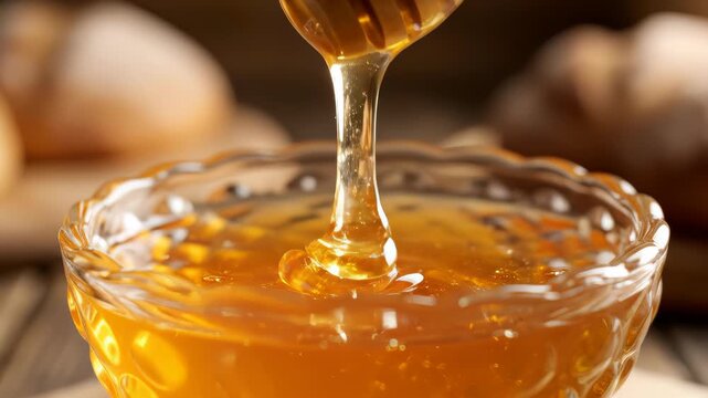 Honey stick and bowl of honey, close-up