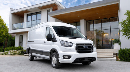 White Transit van on paved driveway before modern two story house with glass & wood. Clear sky, scattered clouds. Lush greenery & flowering bushes. Clean, professional look.