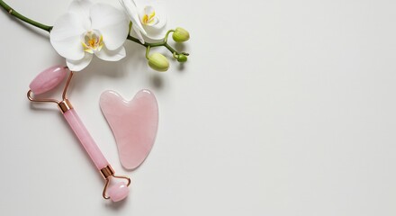 Obraz premium Pink quartz facial roller and gua sha stone with white orchid on table. Natural beauty tool for skin care treatment, spa and wellness.