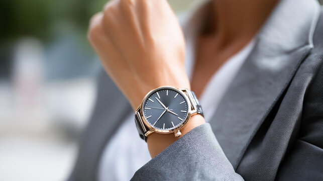 Elegant businesswoman wearing stylish wristwatch closeup, modern female watch luxury accessory, trendy adult model formal suit, successful lifestyle time-focused office manager,