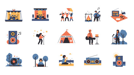 Naklejka premium Collection of Music and Festival Flat Illustrations.
