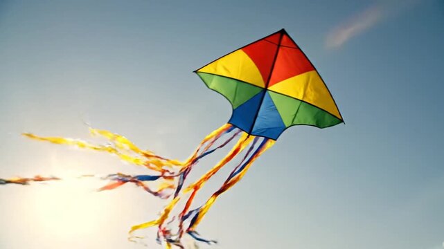 Bright colorful kite flying in a blue sky with clouds
