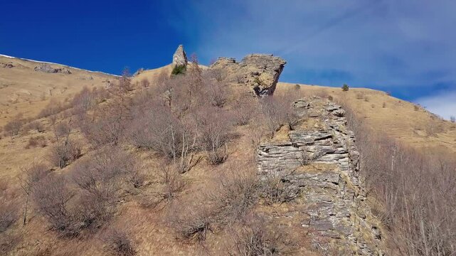 Narbona, Italy - Ruin of an old abandoned village in Piedmont, old town aerial panorama, travel, trekking, tourism, emotional, cinematic
