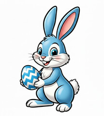Fototapeta premium Cute blue cartoon Easter bunny standing and holding a decorated egg isolated on white background.