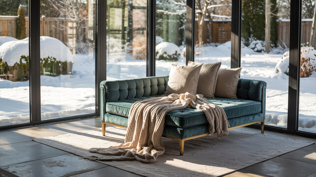 Luxuri&ouml;ser Wintergarten mit Blick auf verschneite Landschaft