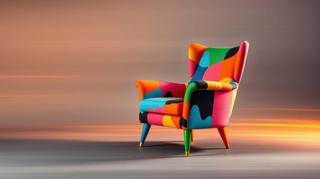 A strikingly colorful armchair, upholstered in a vibrant, abstract geometric pattern, stands prominently against a softly blurred, warm-toned background. Its modern design features sleek lines and ele