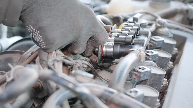Professional mechanic wearing gloves carefully installing or repairing a row of gas fuel injectors in a modern vehicle engine during maintenance at an auto repair service workshop