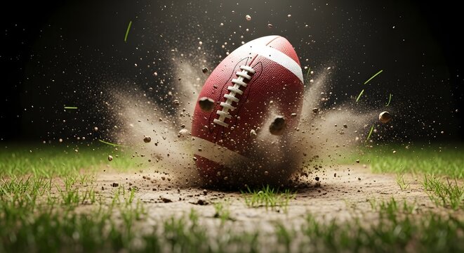 High-speed capture of a football impacting a dry, dusty field with clods of dirt exploding around the ball.