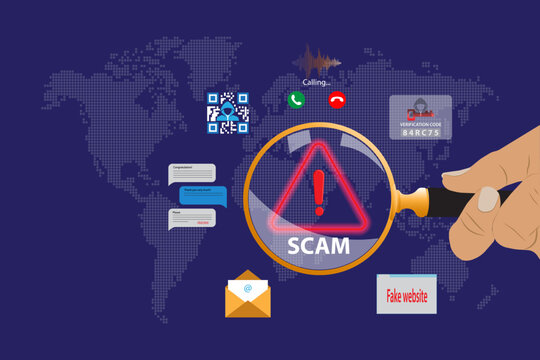 Scam Alert Concept. Investigating a Threat with Magnifying Glass with warning sign for scams. System Warning or potential malicious cyber attack alert.
