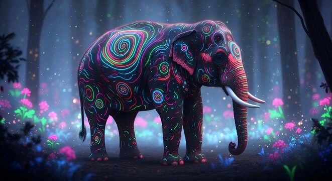 Mesmerizing orbital shot of an Asian elephant with bioluminescent, psychedelic neon pink, electric blue, green patterns in a dreamlike, glowing forest. Perfect for fantasy book covers, album art,