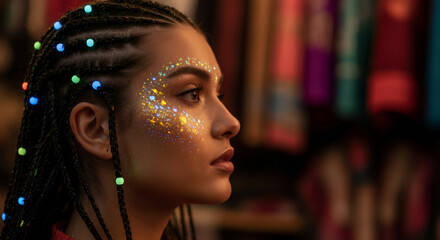 Naklejka premium Elegant young woman in profile, featuring intricate braided hair with glowing beads and shimmering cheekbones, set against a dimly lit exotic bazaar. Ideal for beauty campaigns, cultural events,